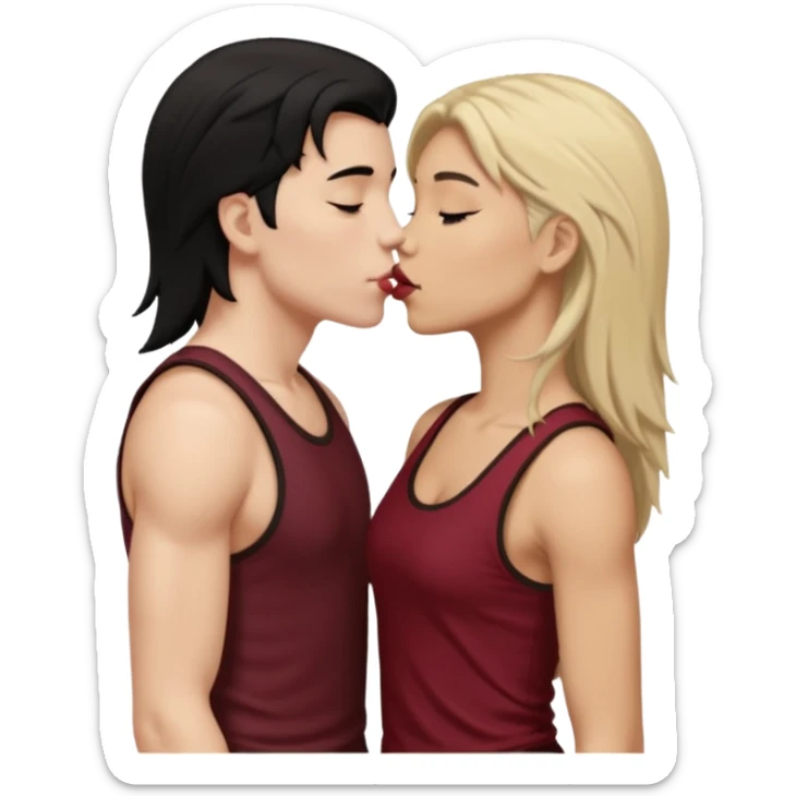 a white masculine woman with short mullet tomboy black hair wearing men's black tank top kissing a lightskin woman with long dark blonde hair wearing maroon tank top sticker