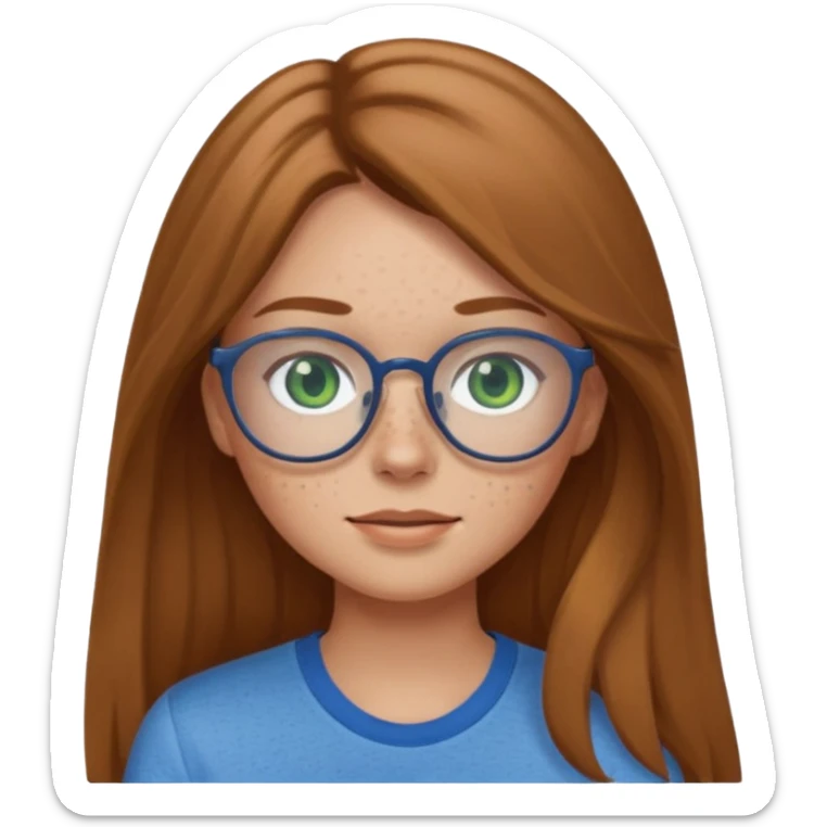 Create an emoji of a girl with light brown hair long length hair, green eyes, freckles, glasses and wearing a blue shirt sticker