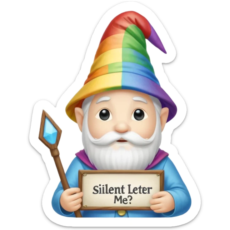 A zen rainbow gnome, holding a sign reading, "Silent Letter Day, who's with me?” sticker