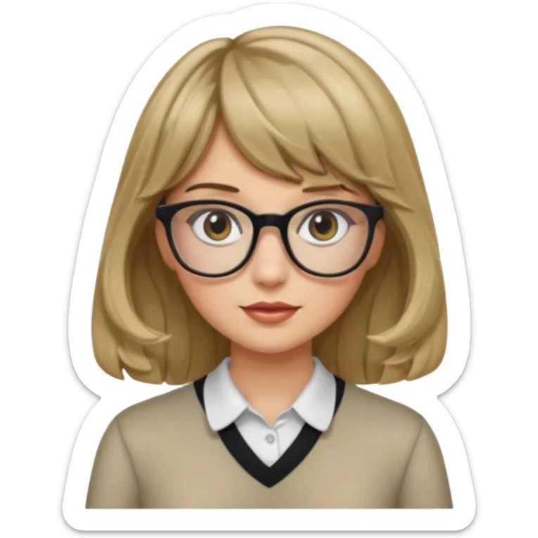 Uma garota de cabelo ondulado loiro escuro,mas com franja lisa e olhos pretos,usa óculos e a cor de pele branca,e o cabelo na cintura sticker