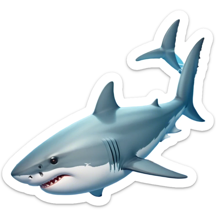 Beautiful and Majestic Great White Shark Portrait Emoji, Head and body resting peacefully with a serene, confident expression, showcasing its robust, torpedo-shaped form and a subtle, regal glint in its eyes, Simplified yet exquisitely endearing features, highly detailed, glowing with a soft, drowsy ocean light, high shine, relaxed and utterly majestic, stylized with an air of marine splendor, soft glowing outline, capturing the essence of a beautiful and majestic great white shark that feels destined to become the next viral icon of awe-inspiring ocean beauty! sticker