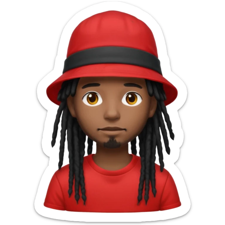 dark brown skin, black hair dreadlocks, wear red t-shirt, black bucket hat sticker