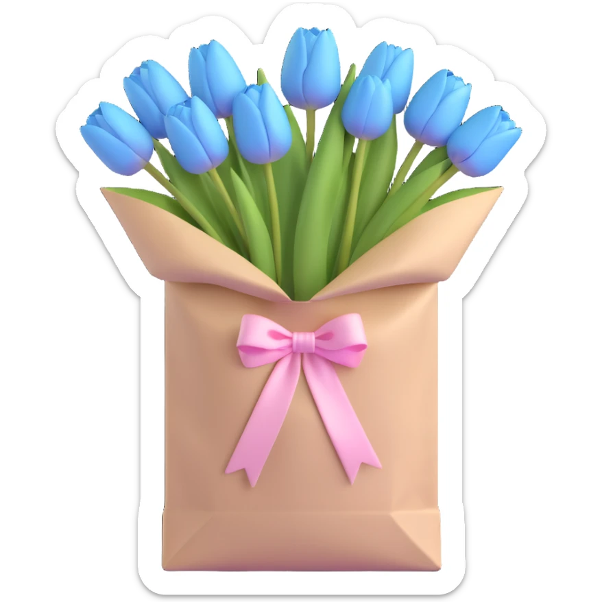 a bunch of pastel blue tulips arranged in a white paper bag with a soft pink ribbon, light blue tones, subtle shadows, minimal look, 3D iOS emoji style sticker