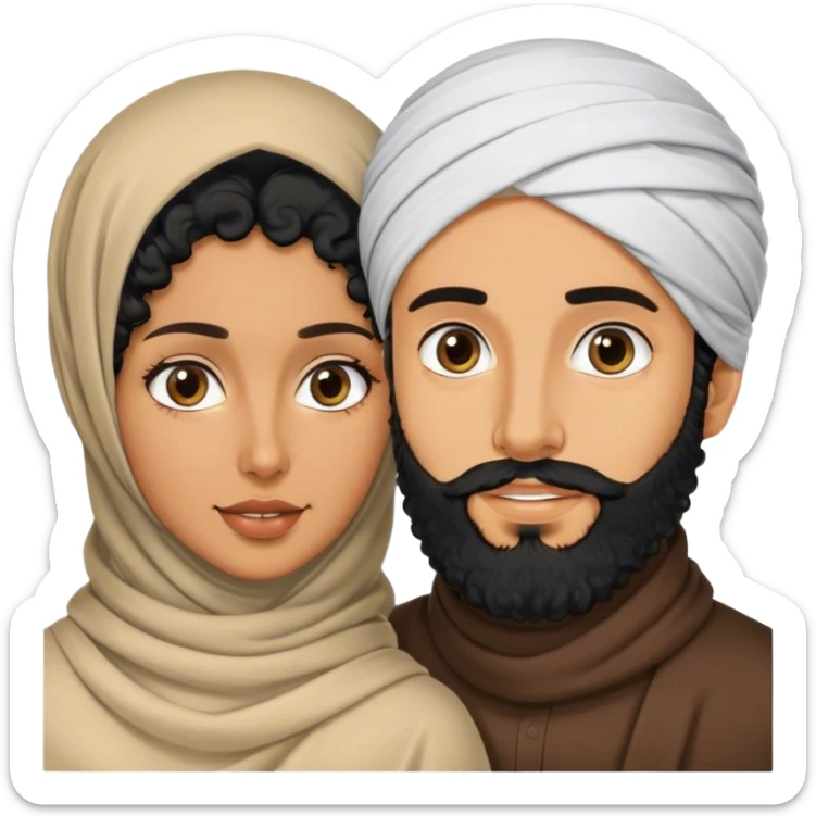 a tanned with black curly hair men with a beard and a tanned hijabi women sticker