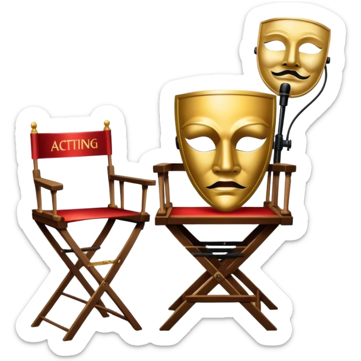 Icon for Acting: a theatrical mask, stage lights, a director’s chair, and a script, representing the craft of acting in theater. The design should reflect creativity, performance, and the art of storytelling on stage. Transparent background. sticker