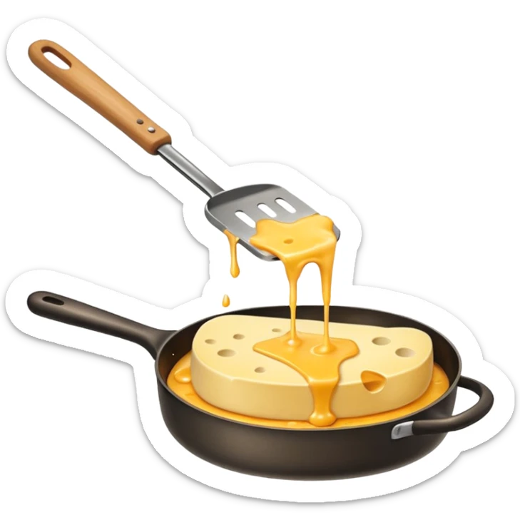 Emoji of raclette cheese being scraped with a metal spatula, melted cheese flowing, warm golden colors, modern emoji style, clean outlines, transparent background sticker