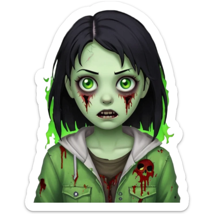 zombie girl with black hair, glowing green eyes, horror zombie green sticker