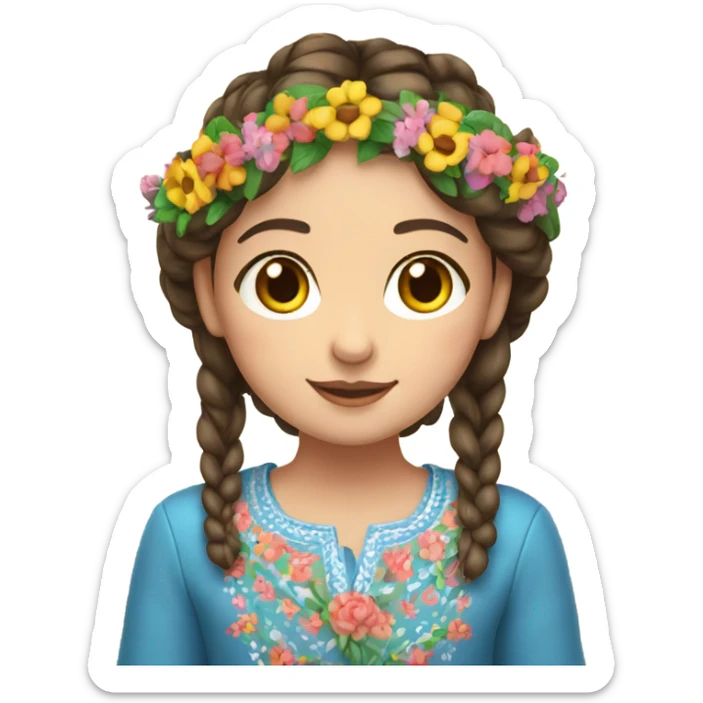 a brunette girl with a braid in a Ukrainian embroidered shirt and a wreath of flowers on her head sticker
