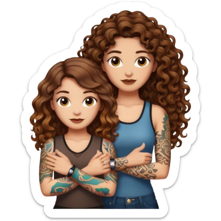 smug crossed arms — long wavy brown hair tattooed woman and short tight curly brown hair woman — glow aura sticker