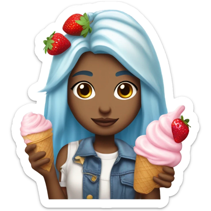 In hombre Strawberry ice cream, layered vanilla, ice, cream, strawberry jelly, whipped cream on the top with a strawberry a girl with hombre light blue hair. sticker