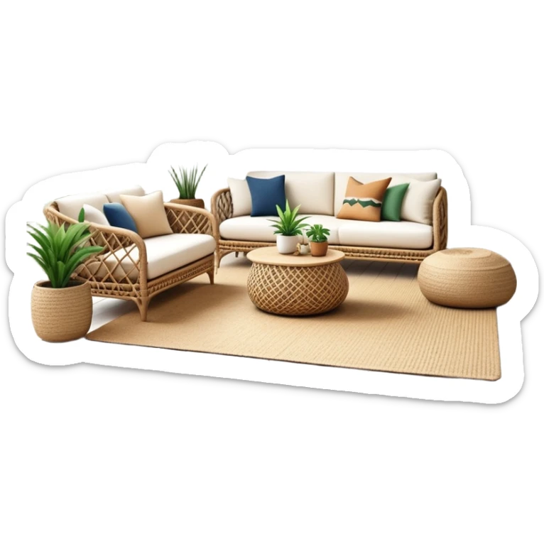 modern boho living room with many indoor plants, rattan furniture, white walls, and natural light sticker