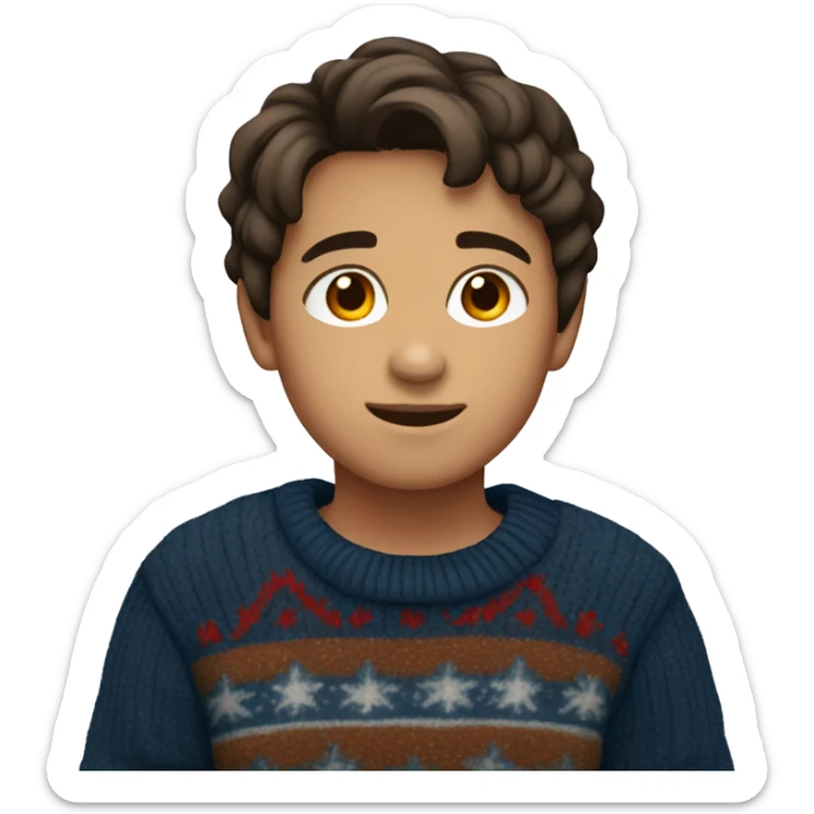 young boy, young hispanic, brown hair, short hair, brown eyes, dark blue winter sweater sticker