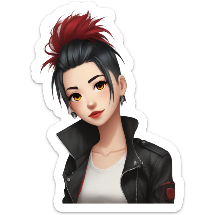 Gorgeous anime style tomboy-lady with blushing face aesthetic and pretty edgy black red punk hair with hair garment trending style sticker