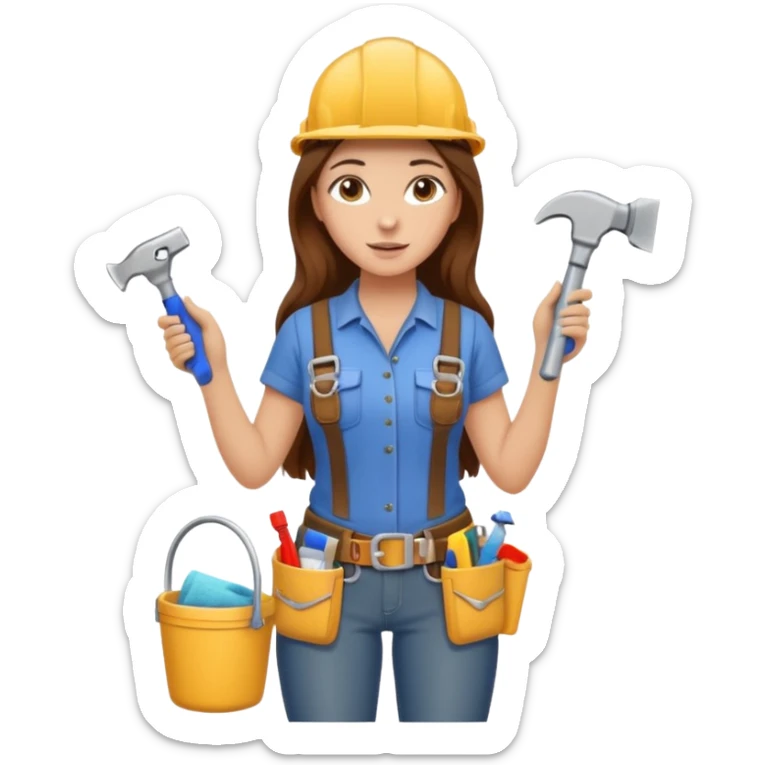 beautiful girl with long brown hair constructing new bathroom area with new shower and amenities  sticker