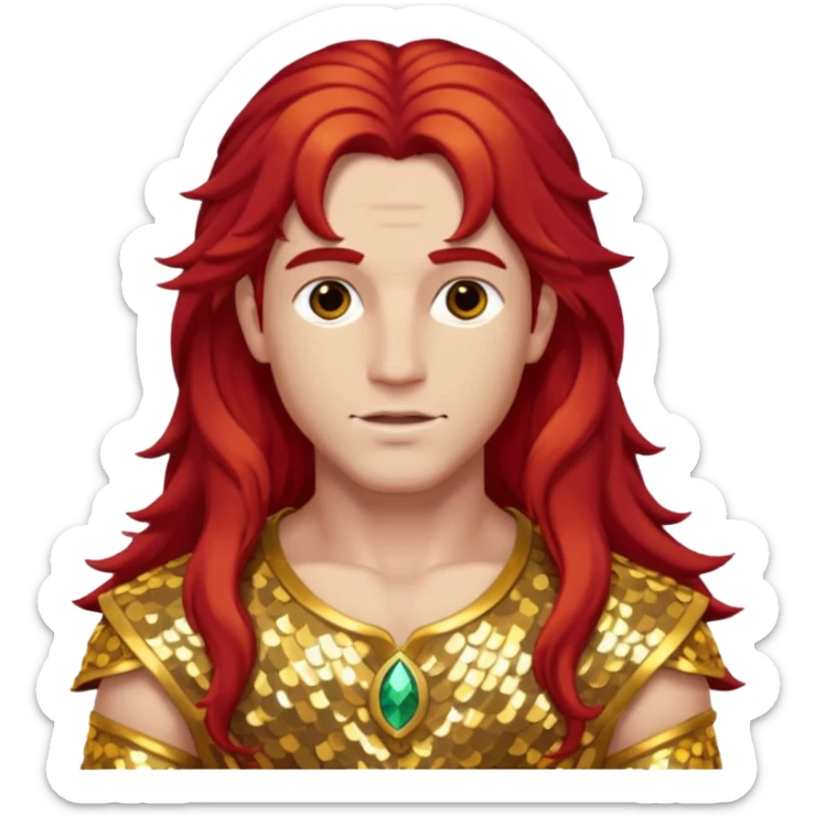 Adonis, God of Beauty from Gods and Goddesses with long red hair, gold sequin outfit sticker
