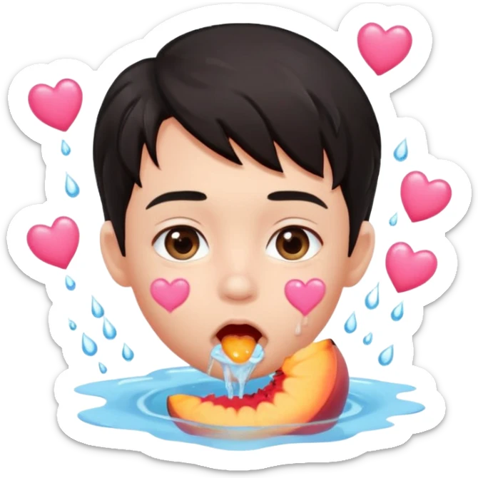 Cute boy, light pink eyes, grown out dark hair, eating a peach, pink hearts floating , water dripping from mouth sticker