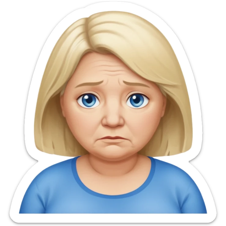 Head image of older fat dishwater blonde woman with shoulder length hair and blue eyes. Neutral expression bordering on sad. sticker