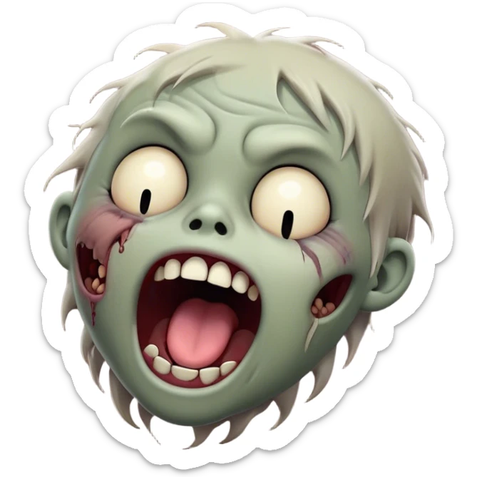 Cinematic Cute Yawning Zombie Portrait Emoji, with a delightfully quirky, slightly disheveled face in muted ashen tones, head tilted back in a big, funny yawn that reveals quirky stitches and playful gaps, simplified yet irresistibly charming, highly detailed with a soft, eerie glowing outline capturing the sleepy, offbeat vibe of a zombie taking a nap! sticker