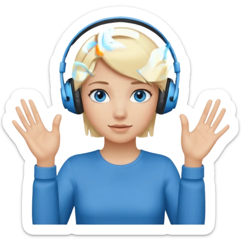 girl with blonde and middle short hair and blue eys with heands telling what, having heaphones on head,  sticker