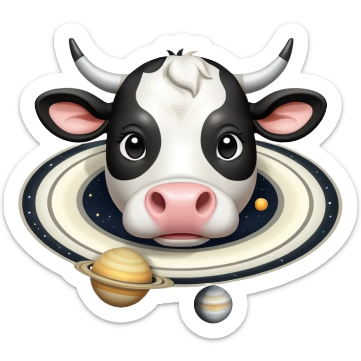 Cartoon cow face with Saturn as its body, the planetary rings circling the middle, and disproportionately large barefoot human feet at the bottom sticker