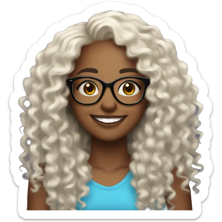 Girl, black light skin, curly black long hair, glasses. Pretty Smiling sticker