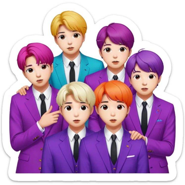 Cinematic Realistic group portrait of BTS featuring all 7 members in stylish modern attire, with detailed facial expressions and vibrant colors, captured in dynamic, contemporary lighting that emphasizes their global pop icon status sticker