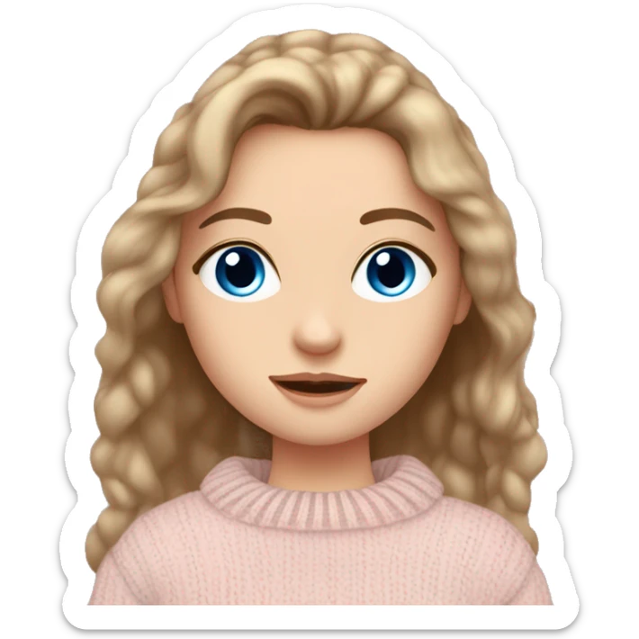 Pretty blue eyed white girl with brown hair with light pink sweater reading cozy sticker