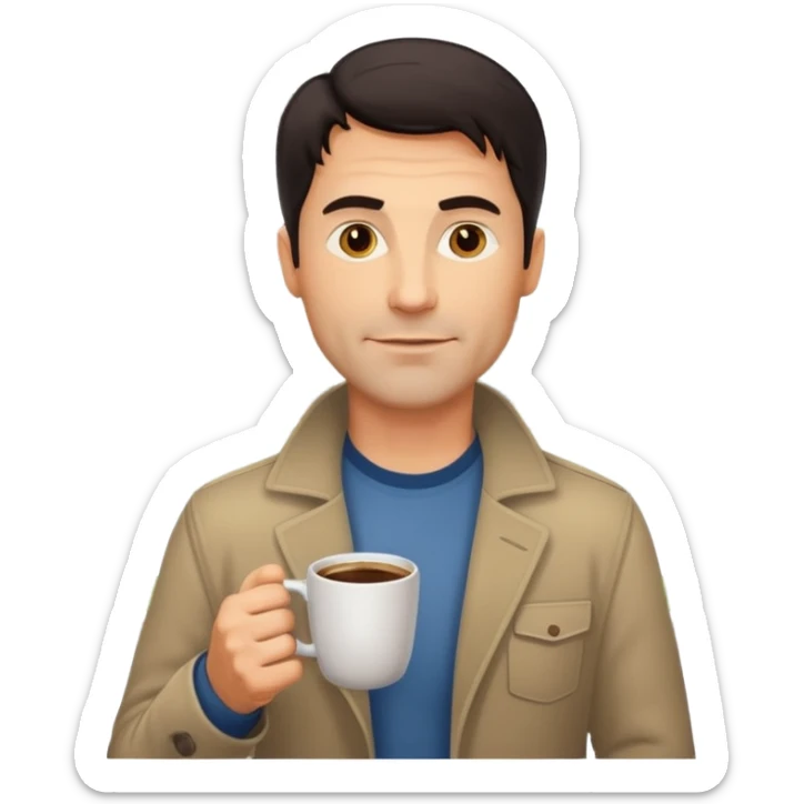 A handsome 45 year old white man with dark hair in a very foggy park with a city view drinking a cup of coffee sticker