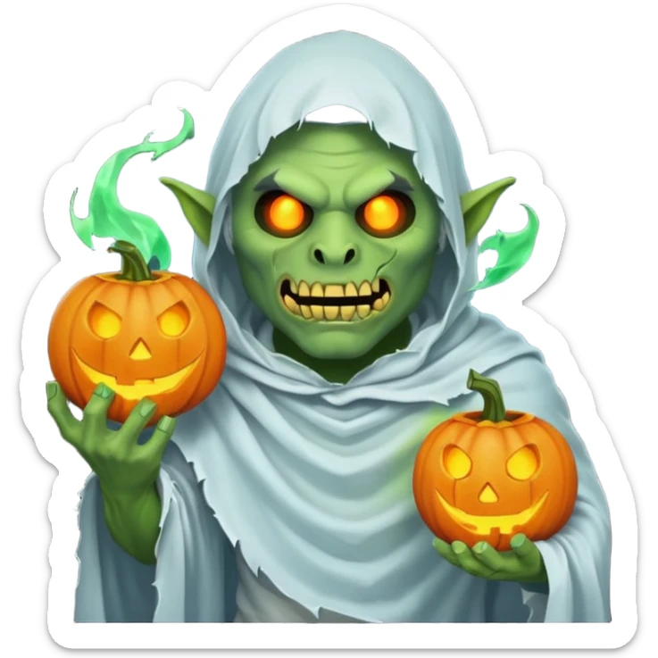 male orc ghost emoji, green skin, tusks, wearing torn white ghost sheet costume, holding glowing jack-o'-lantern, faint blue aura, friendly but spooky expression, Halloween fantasy theme, Apple emoji style, clean white background, square sticker