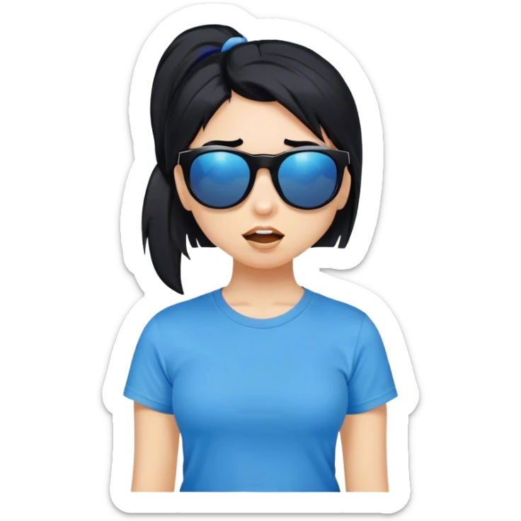 A girl with black bob hair with pony, wearing black sunglasses，funny(0.5) face (0.5)，wacky expression, a blue t-shirt.  sticker