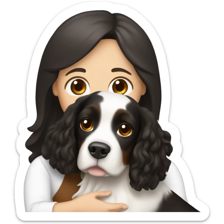 A white woman that has long black hair and honey brown eyes, hugging a white and brown springer spaniel dog  sticker