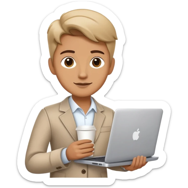 business owner confidently, holding a closed laptop in one hand and a takeaway coffee cup in the other. The character wears casual-smart clothes. sticker