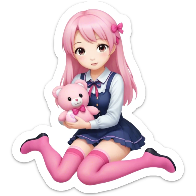 Anime girl in thigh-high stockings, kneeling playfully while holding a cute pink plush toy. Soft shading, warm lighting, charming and wholesome atmosphere. sticker