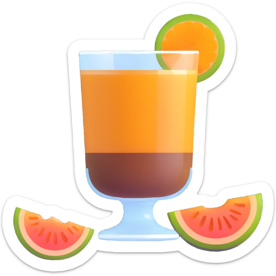 traditional layered carajillo in small clear glass showing golden liquor at bottom and coffee on top, with cantaloupe melon slice beside it sticker