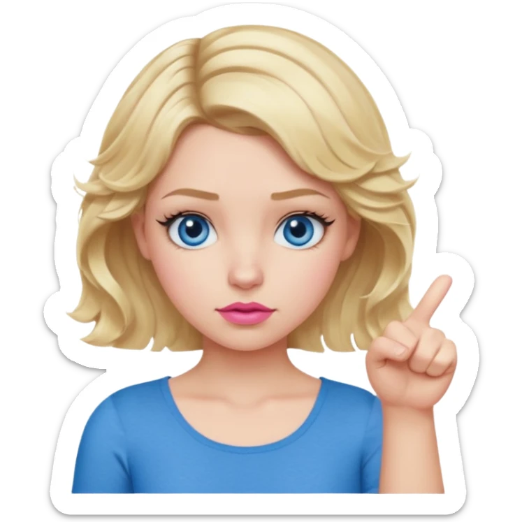 Girl Blonde short wavy hair,  blue eyes, cute blue top, long lashes, pink lips, showing thumbs down 👎  sticker