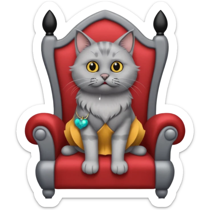 A gray cat with a black nose sitting on a throne looking at the world with disgust sticker