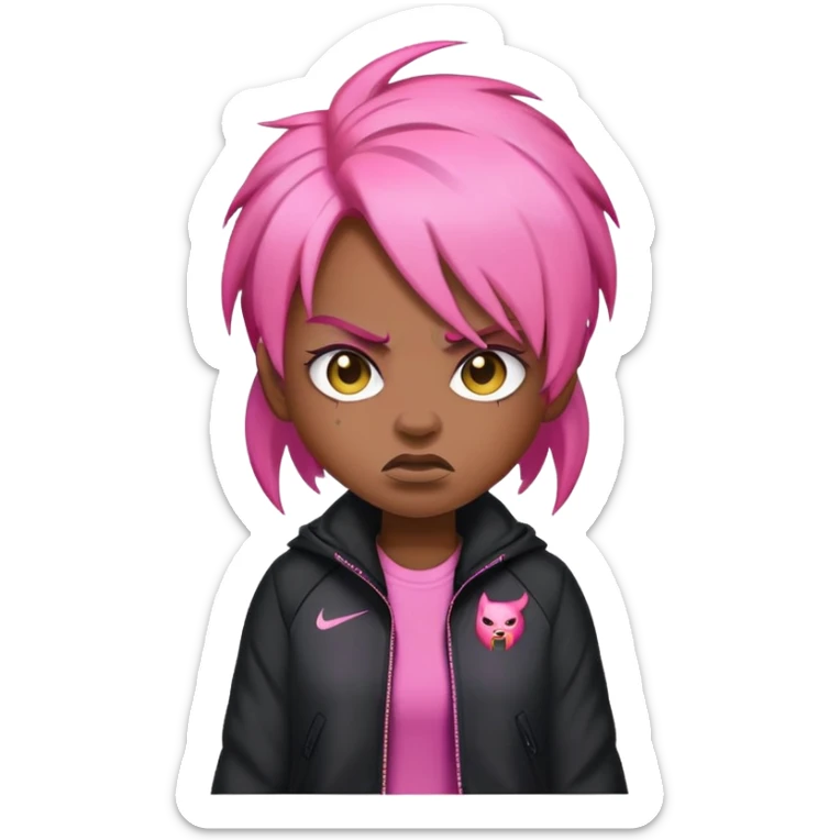 angry emoji with steam coming out of nose, pink hair, wearing black Nike jacket, dark skin tone sticker