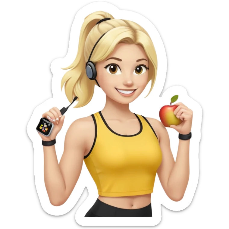 Sporty blonde woman in yellow top and black leggings, showing bicep, smiling, with wireless earbud and Apple Watch sticker
