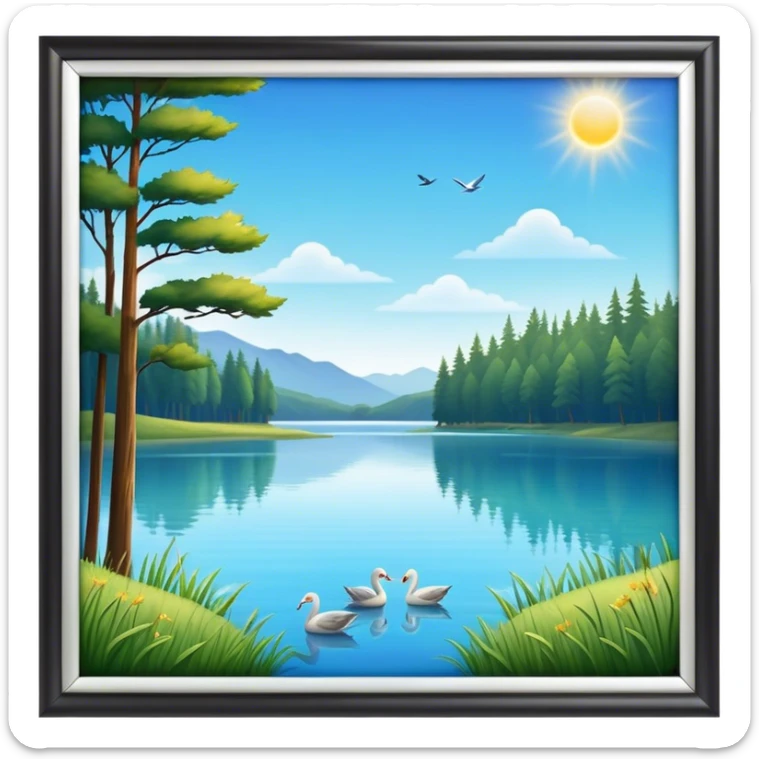 Cinematic Realistic Lake Emoji, Calm and reflective, with clear blue waters mirroring the surrounding landscape, framed by tall trees and grassy shores. The sunlight sparkles on the water’s surface while birds and animals play at the edge. Soft glowing outline, capturing the essence of peaceful serenity in a tranquil lake. sticker
