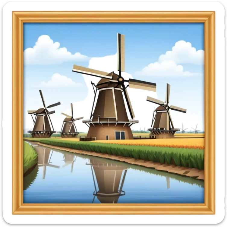 Cinematic Realistic Kinderdijk Windmills Landmark Emoji, depicted as a row of classic Dutch windmills set against a serene sky rendered with detailed textures and soft natural lighting. sticker