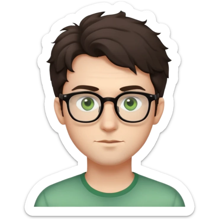 Young man with slightly curled dark brown poofy hair, green eyes wearing glasses, wide face with eyes set apart, bigger ears, pale skin, slightly bigger nose, and very light stubble sticker