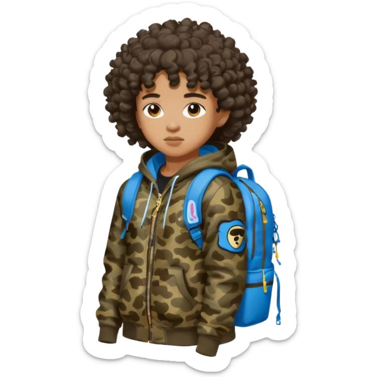 blasian teenager with curly hair, and bape x sprayground hoodie and sprayground backpack sticker