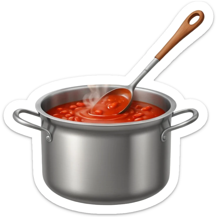 Big cauldron of tomato sauce being cooked in a tall stainless steel pot with a massive wooden spoon   sticker