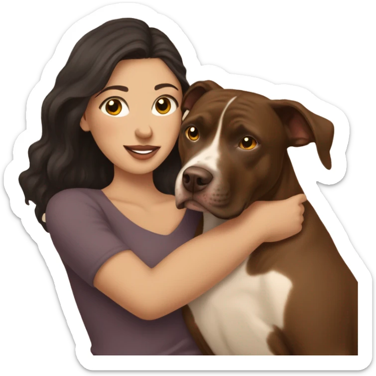 A woman with dark hair and brown eyes is hugging a ball over brown pitbull femail dog with golden eyes with cropped ears  sticker