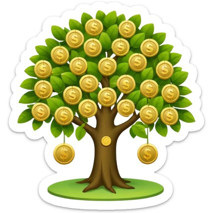 Apple-style money tree (not so mush coins), round soft green canopy.
No pot, no ground — only the tree.
Small gold coins as fruits inside the leaves (not below).
Flat 2D vector, clean shapes, no gradients.
Dark near-black background, premium fintech icon. sticker