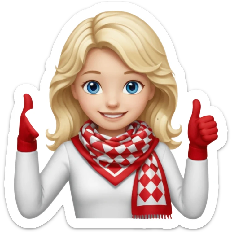 Blonde Girl, Blue Eyes, wavy hair, smiling, thumbs up, wearing red Checkered Triangle scarf, white dress sticker
