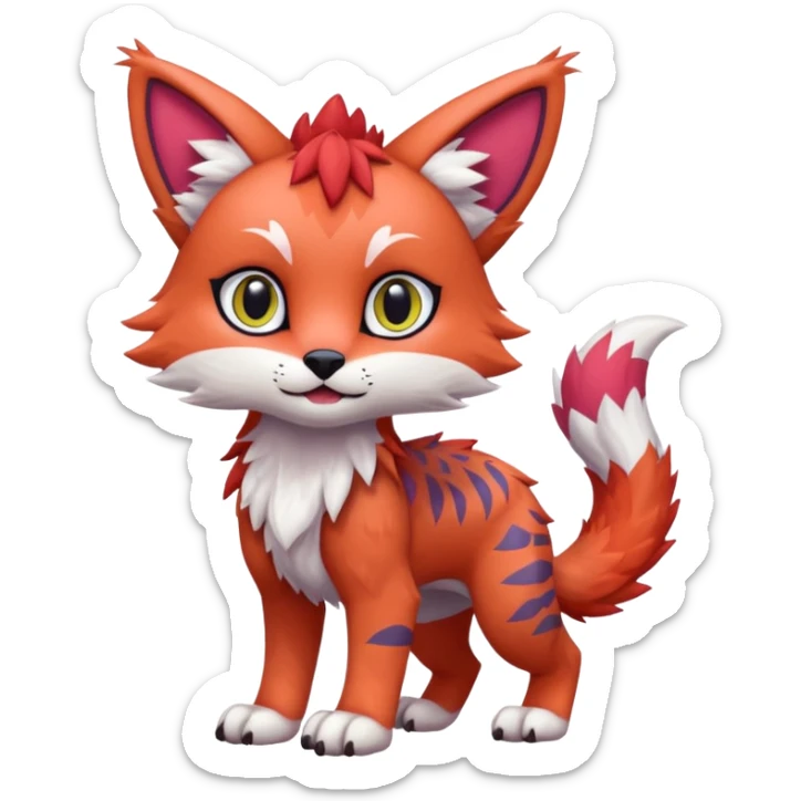 Colorful tropical reddish kawaii cute Lynx-Trico-Sergal-Wolf-Vernid-Fakémon-Pokémon-creature (full body) sticker