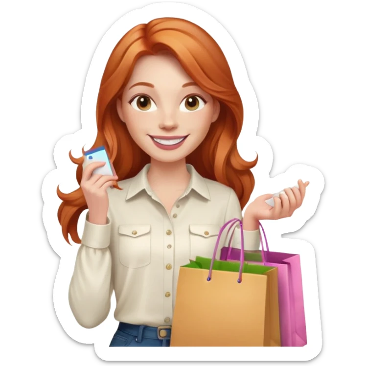 Shopping ginger woman smiling pink cheeks long hair holding bags cream shirt sticker