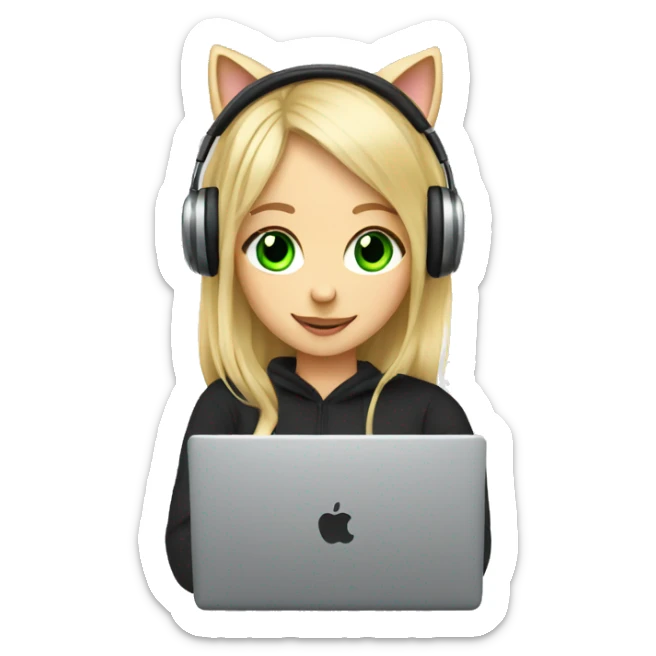 blonde girl green eyes with cat headphones and laptop sticker