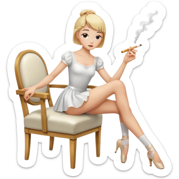 blonde, short-haired ballerina in a white English blouse, experienced with a sly look, putting her long legs on a chair in front of her, smoking sticker